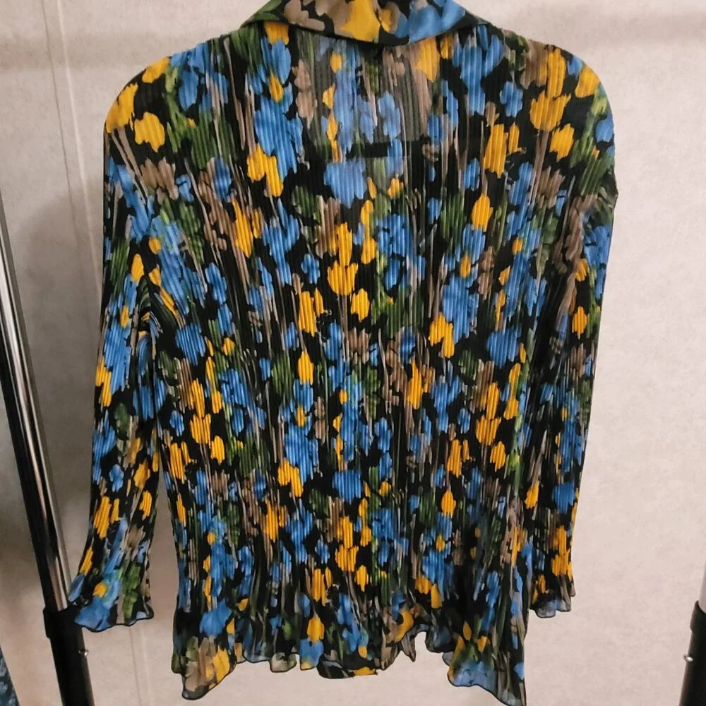 Blue Yellow Black Pleated Ruffled Womens Blouse Covington XL - Picture 7 of 10